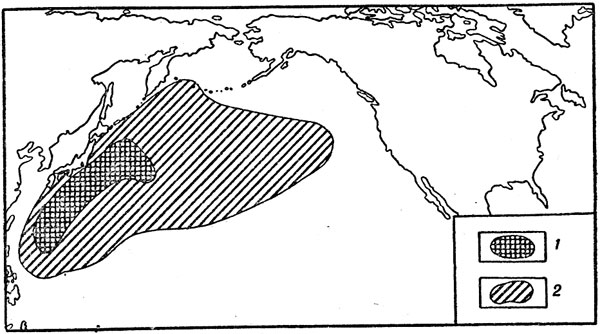 Рис. 30. Ареал северотихоокеанской гоностомы 1 — область размножения (основа ареала); 2 — область распространения взрослых особей.