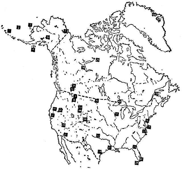 Расположение некоторых наиболее важных резерватов, заказников и национальных парков в Соединенных Штатах и Канаде Соединенные Штаты: 1 - Алеутские о-ва (Аляска), 2 - о-ва Прибылова (Аляска), 3 - о. Нунивак (Аляска), 4 - о. Кодьяк (Аляска), 5 - Национальный парк Маунт-Маккинли (Аляска), 6 - Арктик (Аляска), 7 - Национальный парк Глейшер (Монтана), 8 - Национальный бизоний резерват (Монтана), 9 - Аппер-Сури (Сев. Дакота) им. Кларка Сейльер (Северная Дакота), 10 - Айл-Ройал (Мичиган), 11 - Лоуэр-Кламат (Калифорния), 12 - им. Чарльза Шелдона (Невада), 13 - Национальный парк Йеллоустон (Вайоминг), 14 - Национальный парк Грэнд-Титон (Вайоминг), Национальный резерват вапити (Вайоминг), 15 - Аппер-Миссисипи (Иллинойс, Айова, Миннесота, Висконсин), 16 - Бригантин (Нью-Джерси), 17 - Сакраменто (Калифорния), 18 - Национальный парк Роки-Маунтин (Колорадо), 19 - Чинкотиг (Мэриленд), 20 - Дезерт (Невада), 21 - Кофа (Аризона), 22 - Уичито-Маунтинз (Оклахома), 23 - Маттамаскит (Северная Каролина), 24 - Арансас (Техас), 25 - Сабин (Луизиана), 26 - Окафеноки (Джорджия), 27 - Национальный парк Эверглейдс (Флорида), 28 - Национальный резерват виргинского оленя (Флорида) Канада: 29 - Телон (Северо-Западные территории), 30 - Вуд-Баффало (Альберта), 31 - Национальный парк Банф (Альберта), Национальный парк Джаспер (Альберта), 32 - Национальный парк Глейшер (Британская Колумбия), Национальный парк Кутеней (Британская Колумбия), Национальный парк йохо (Британская Колумбия), 33 - Гаспези (Квебек)